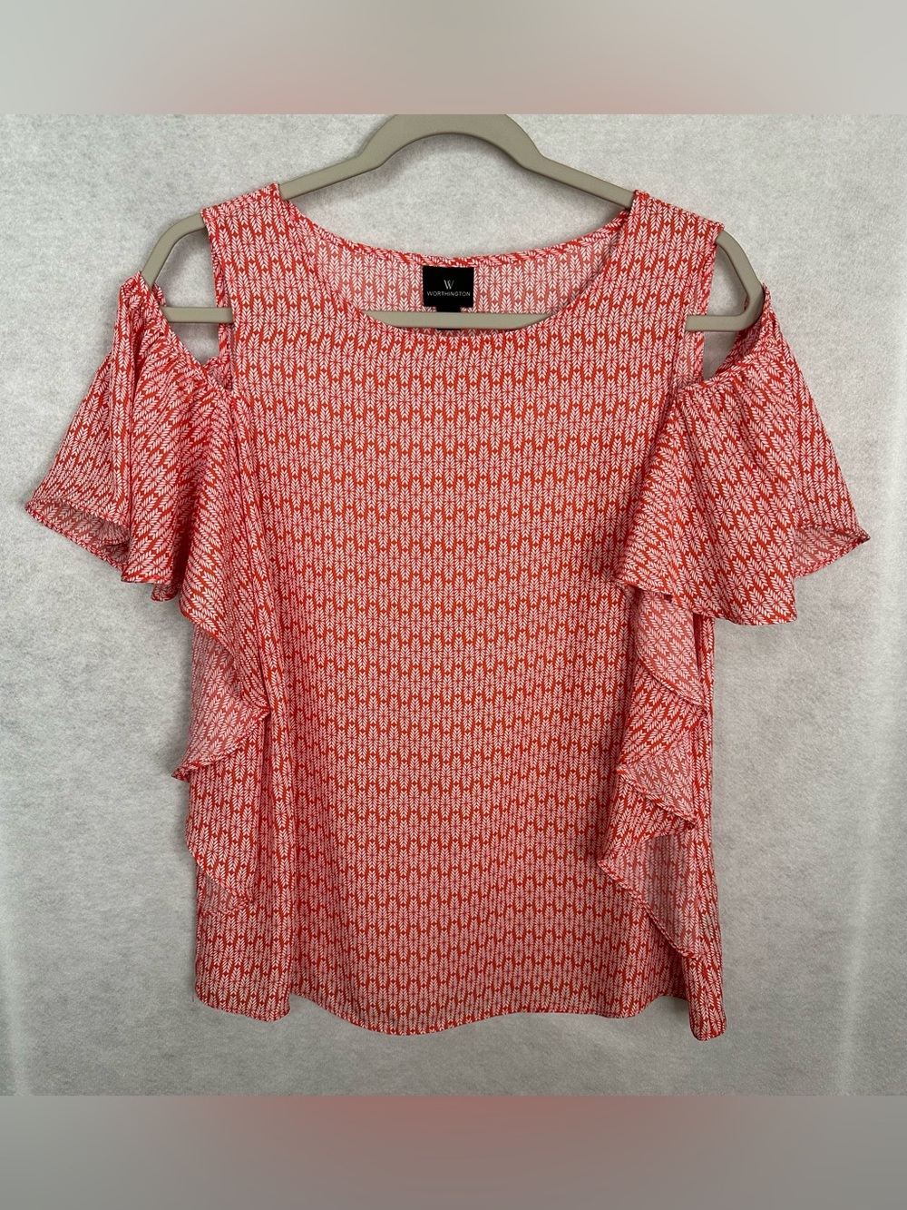Worthington Coral-White Cold Shoulder Ruffle Top